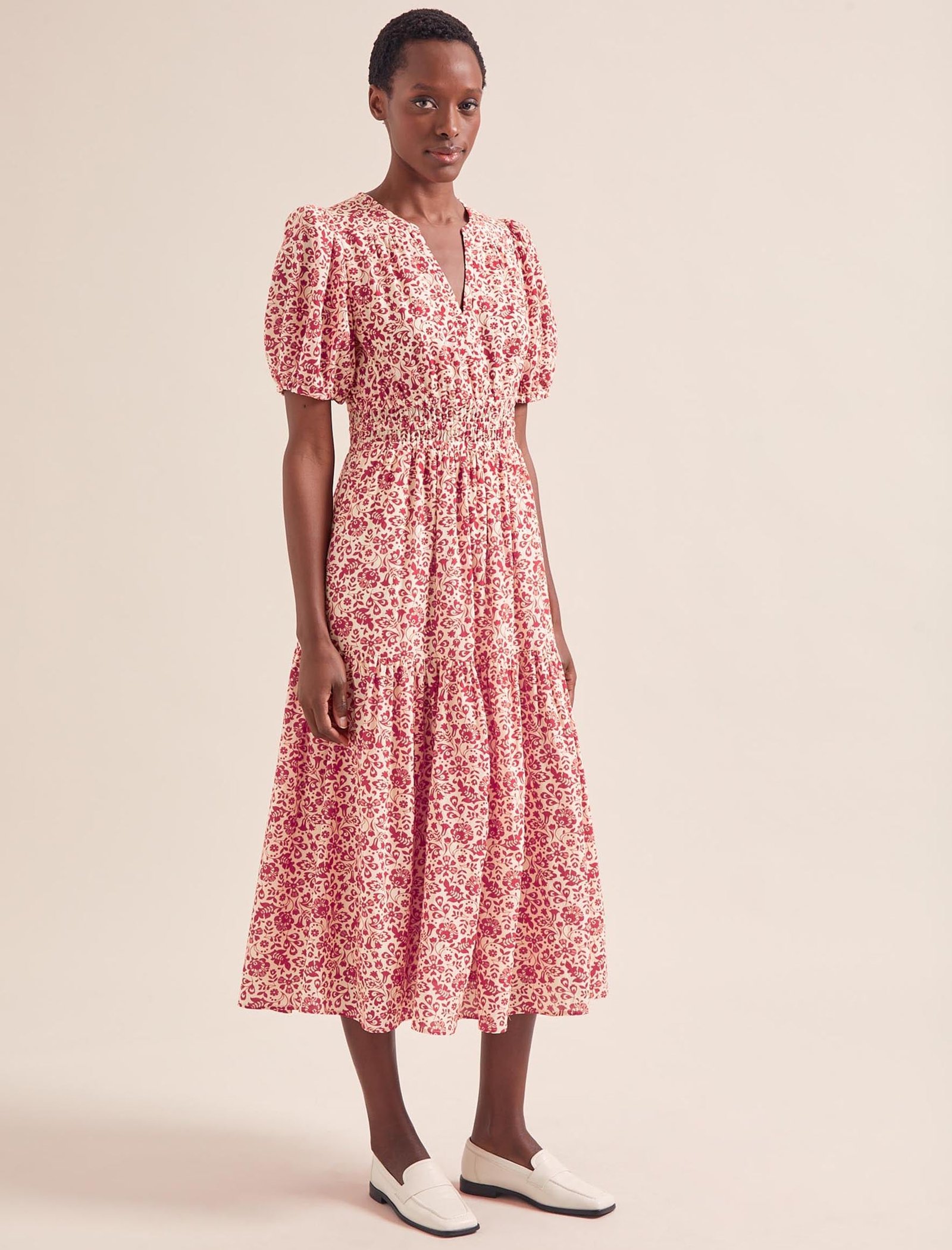 Olive Cotton Blend Midi Dress - Red Mono Floral Print - Image 3