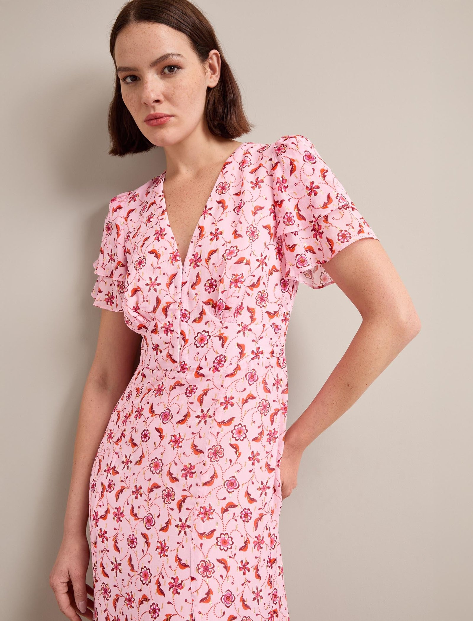 Lotta Gold Metallic Fil Coupé Maxi Dress - Pink Floral Trellis Print - Image 2