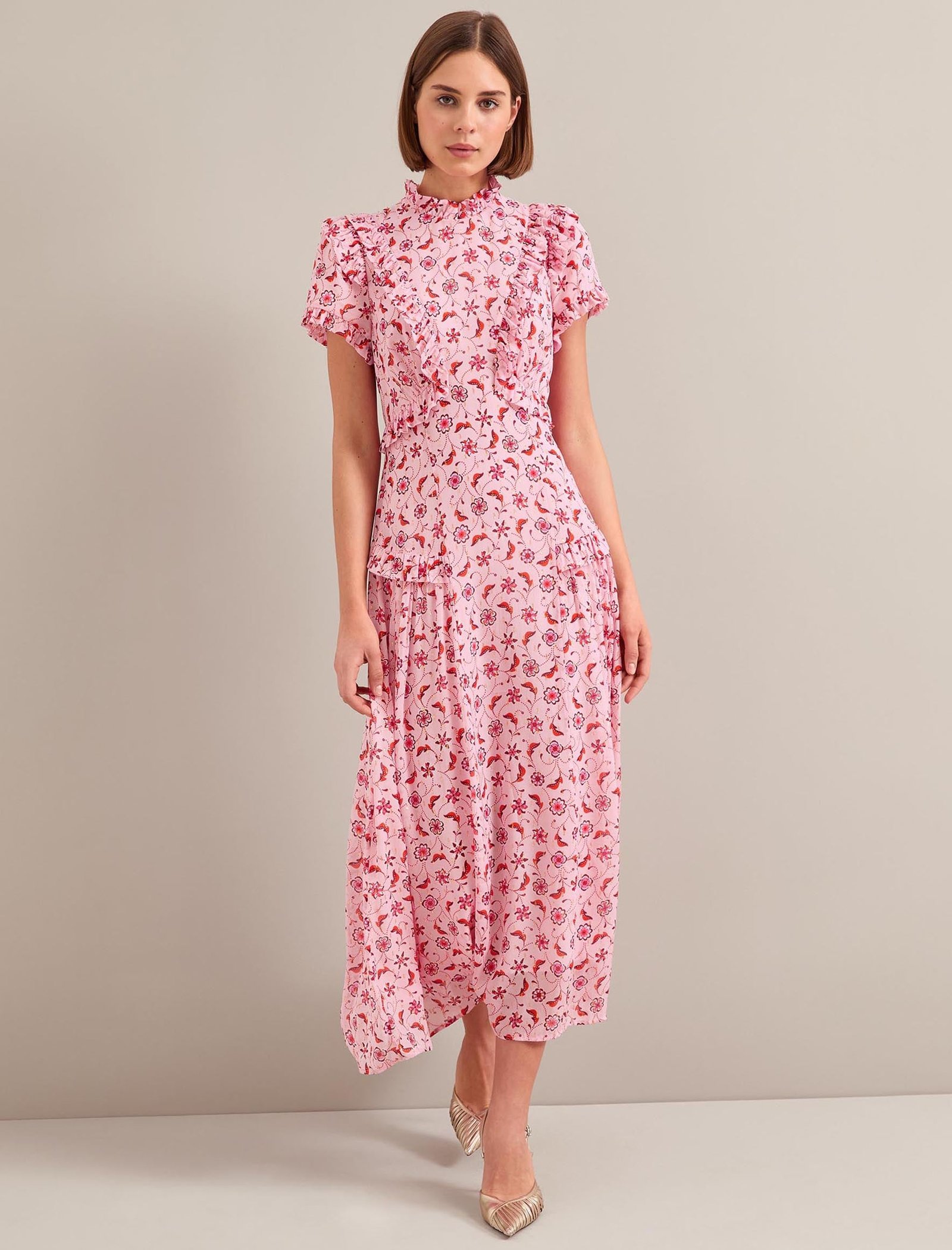 Mirabel Gold Metallic Fil Coupé Maxi Dress - Pink Floral Trellis Print - Image 4