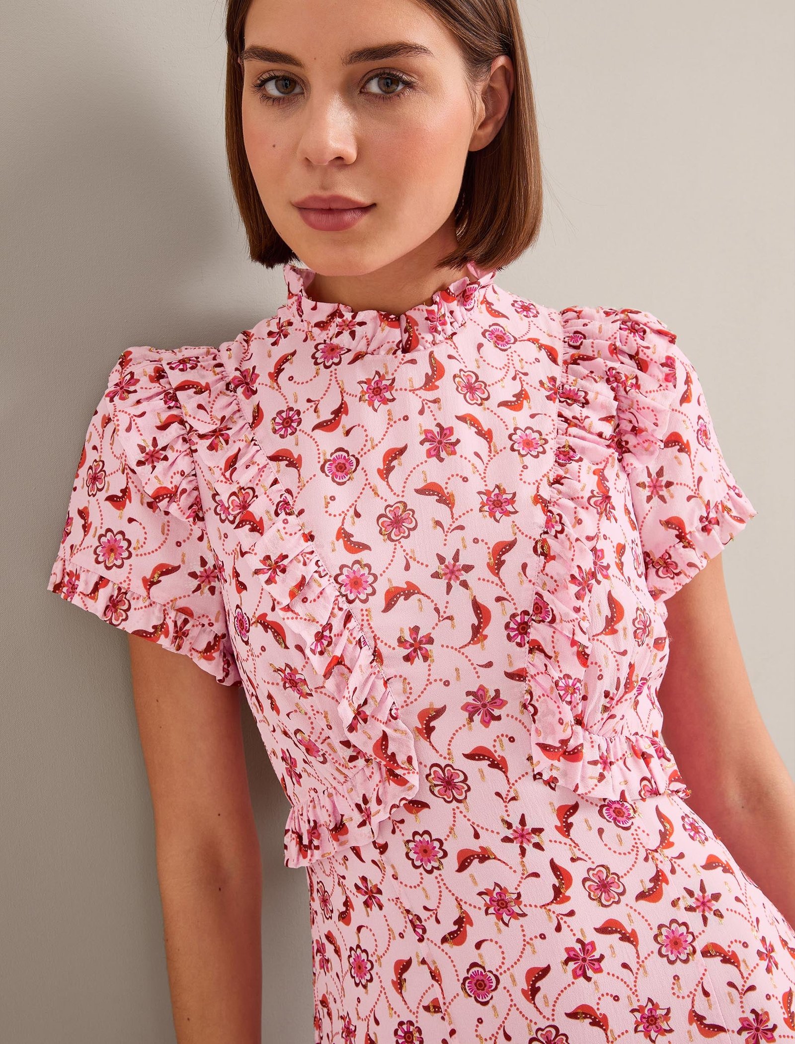 Mirabel Gold Metallic Fil Coupé Maxi Dress - Pink Floral Trellis Print - Image 8