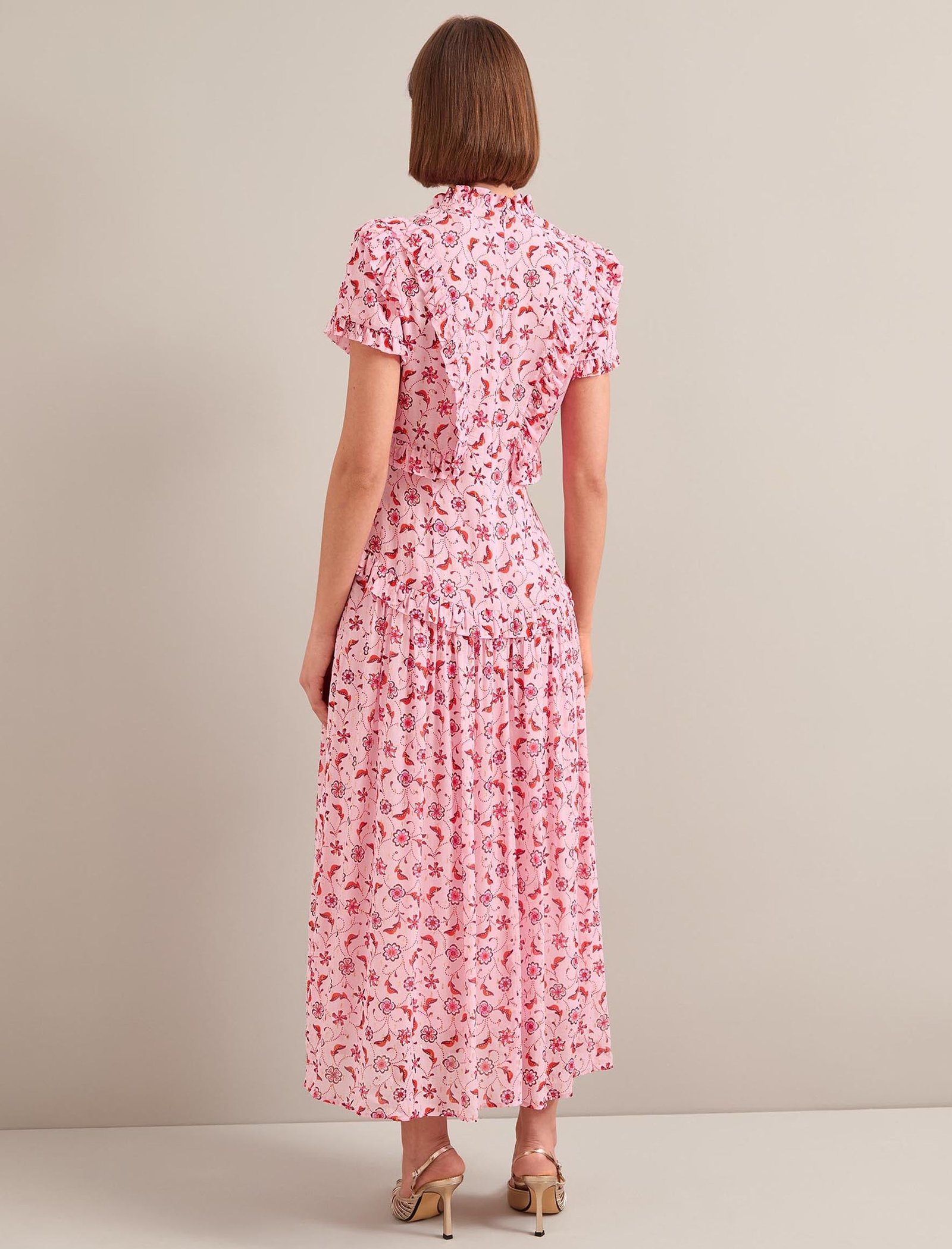 Mirabel Gold Metallic Fil Coupé Maxi Dress - Pink Floral Trellis Print - Image 10