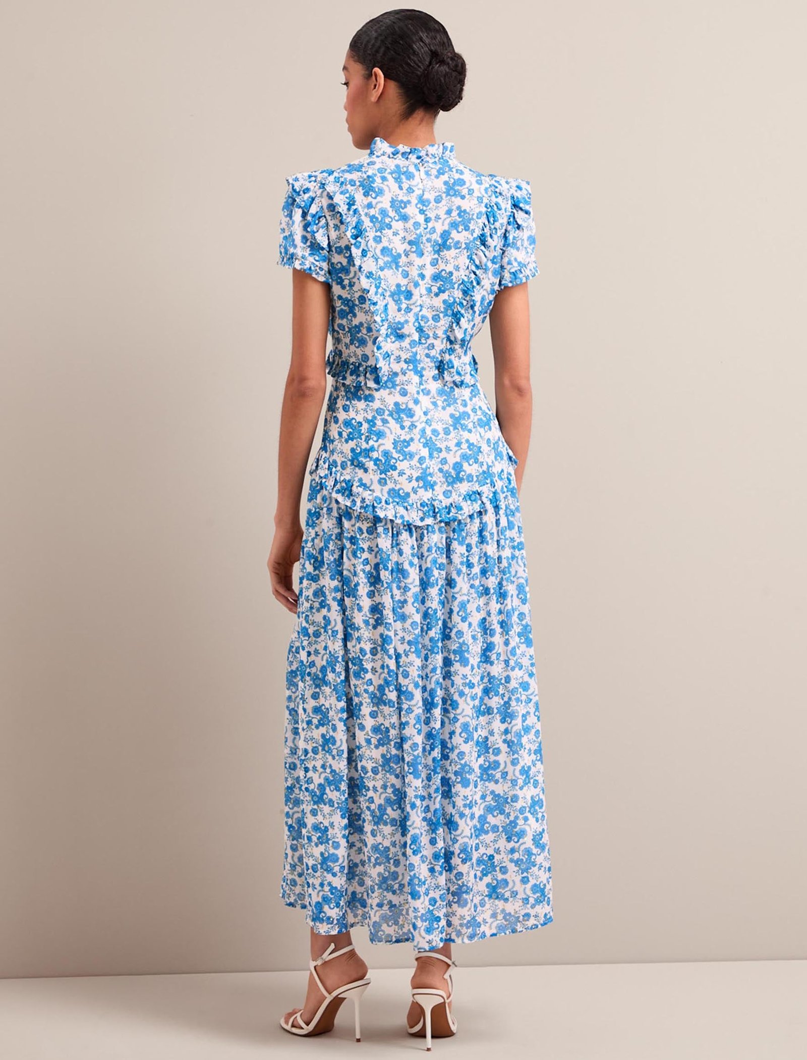 Mirabel Gold Metallic Fil Coupé Maxi Dress - White Blue Paisley Print - Image 10