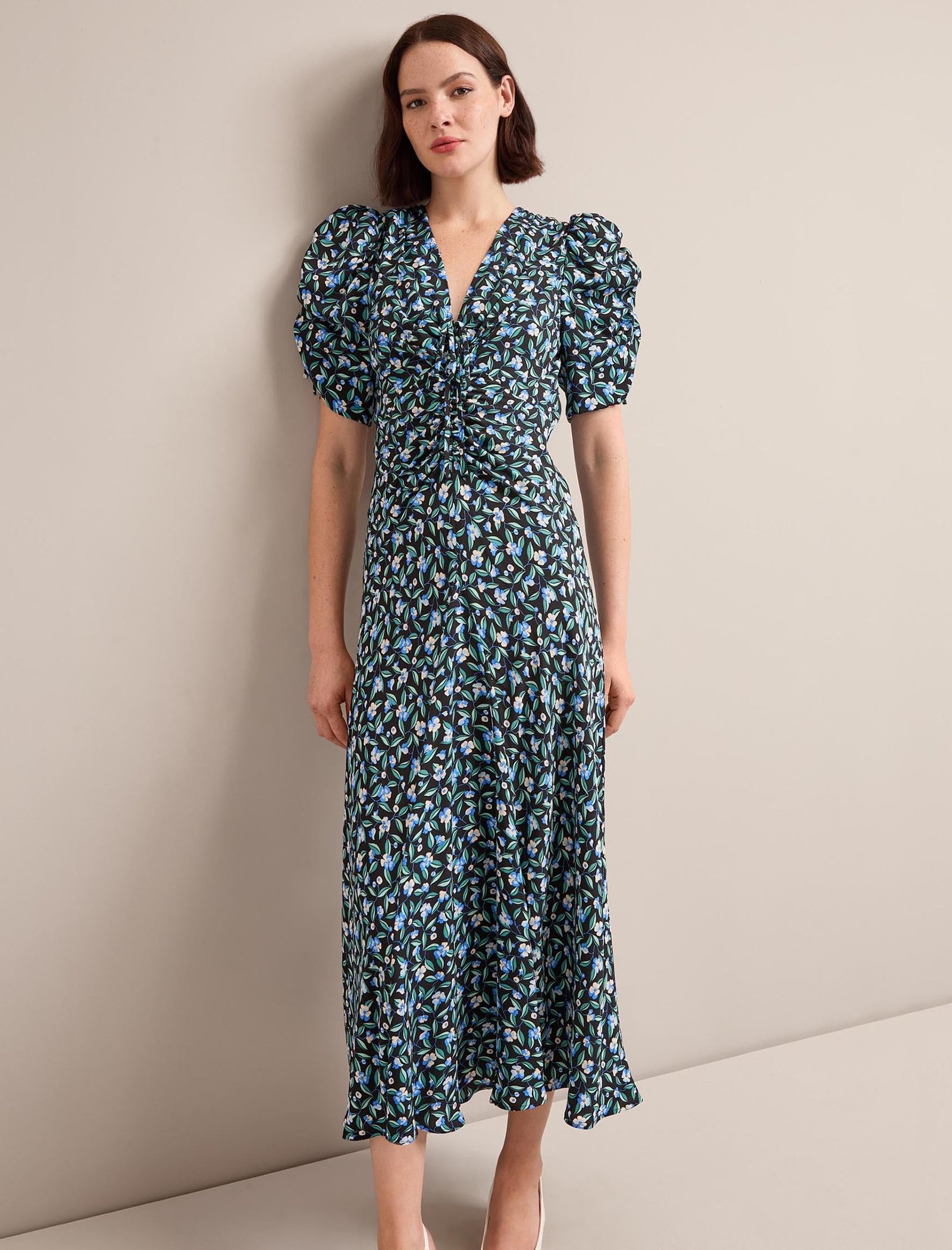 Ophelia Bias Cut Maxi Dress - Black Blue Deco Floral Print - Image 4